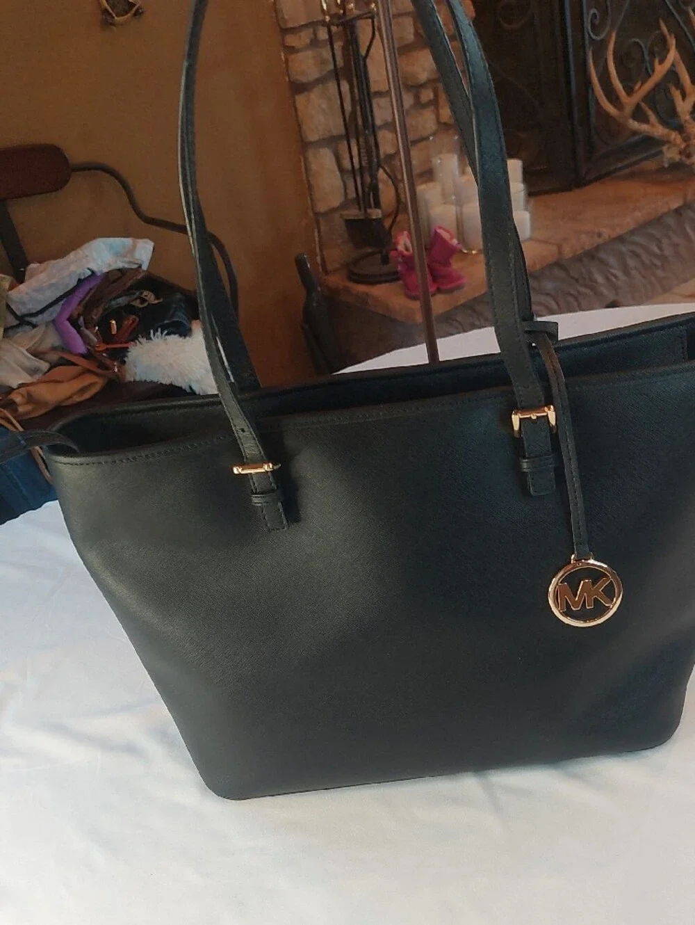 Michael Kors Black Saffiano Leather Tote with MK Charm